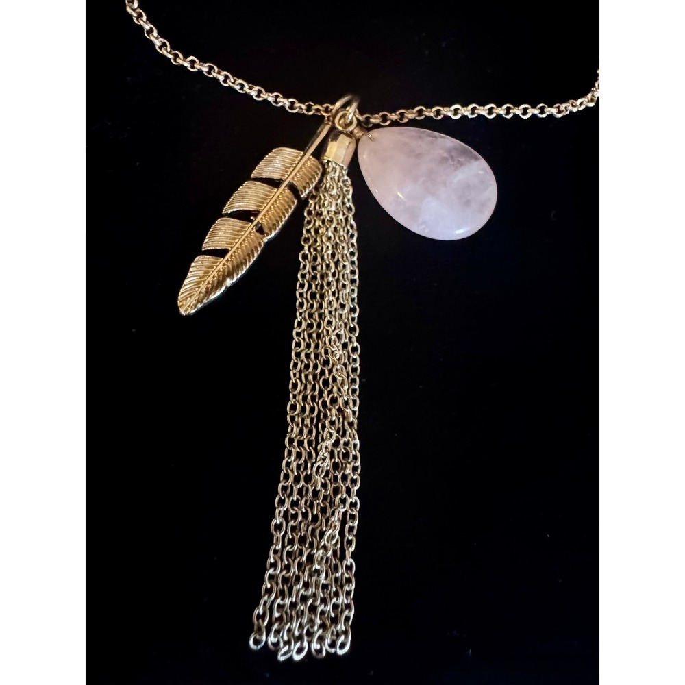 Boho Rose Quartz Feather Tassel Necklace Gold Tone Layer